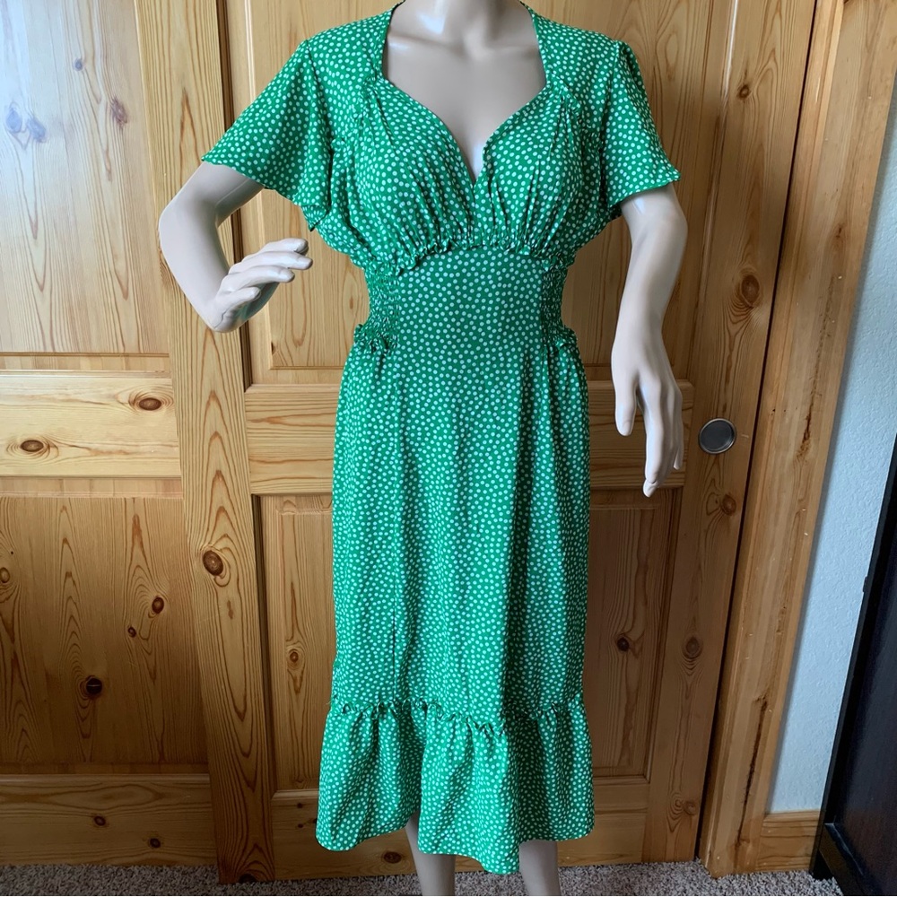 Vintage Y2k Max Edition Midi Dress Milkmaid Womens S Green Polka Dot Smocked